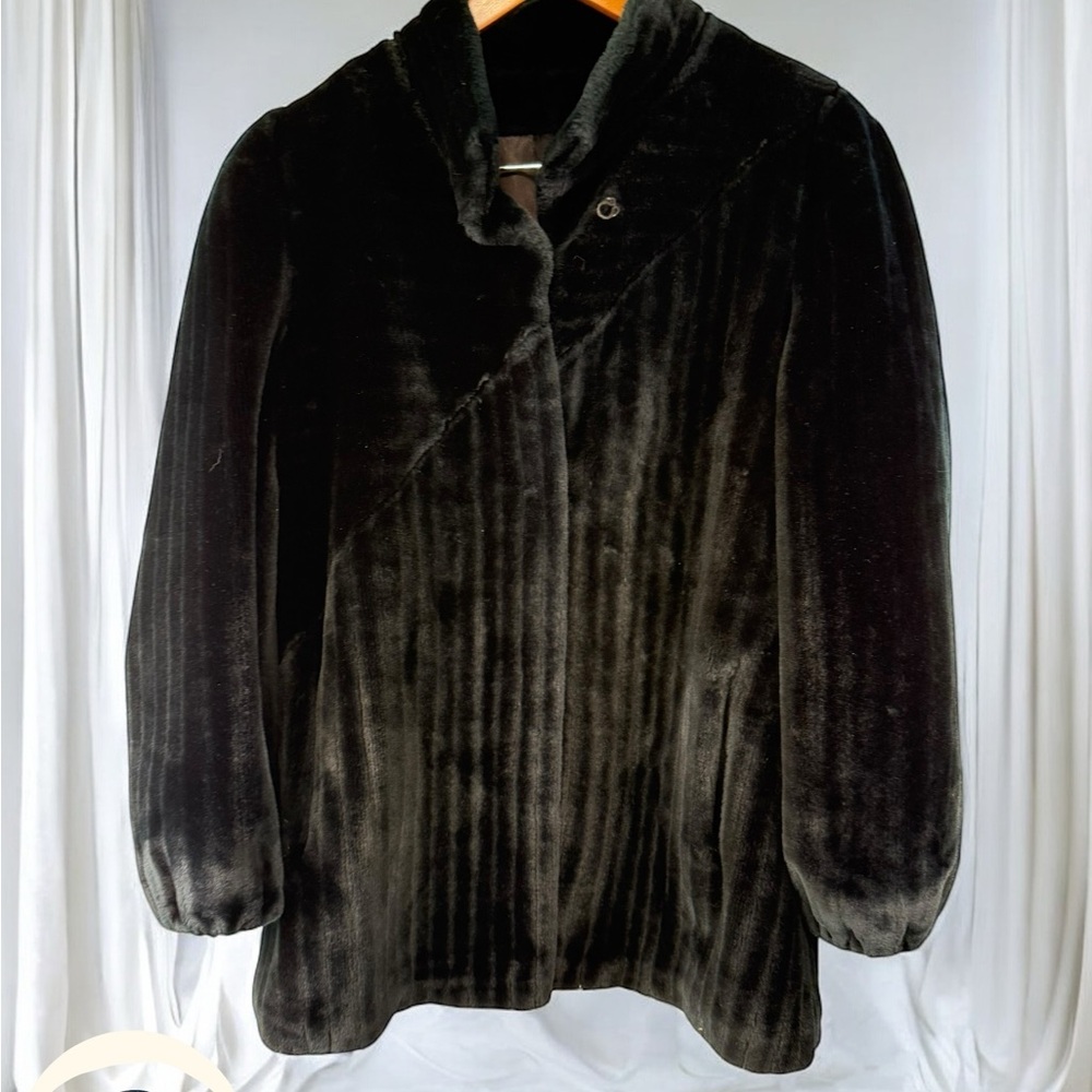 Casper Vintage Faux Fur Coat Black Medium Puff Sleeve Satin Lined